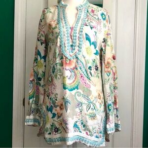 Embroidered Linen Tunic in Pastel Floral & Paisley Medium